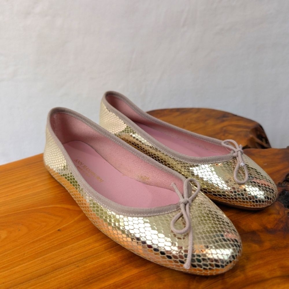Ann Mashburn Ballet Flats Shoes gold flats snake print tie‎ ballet Italy size 36